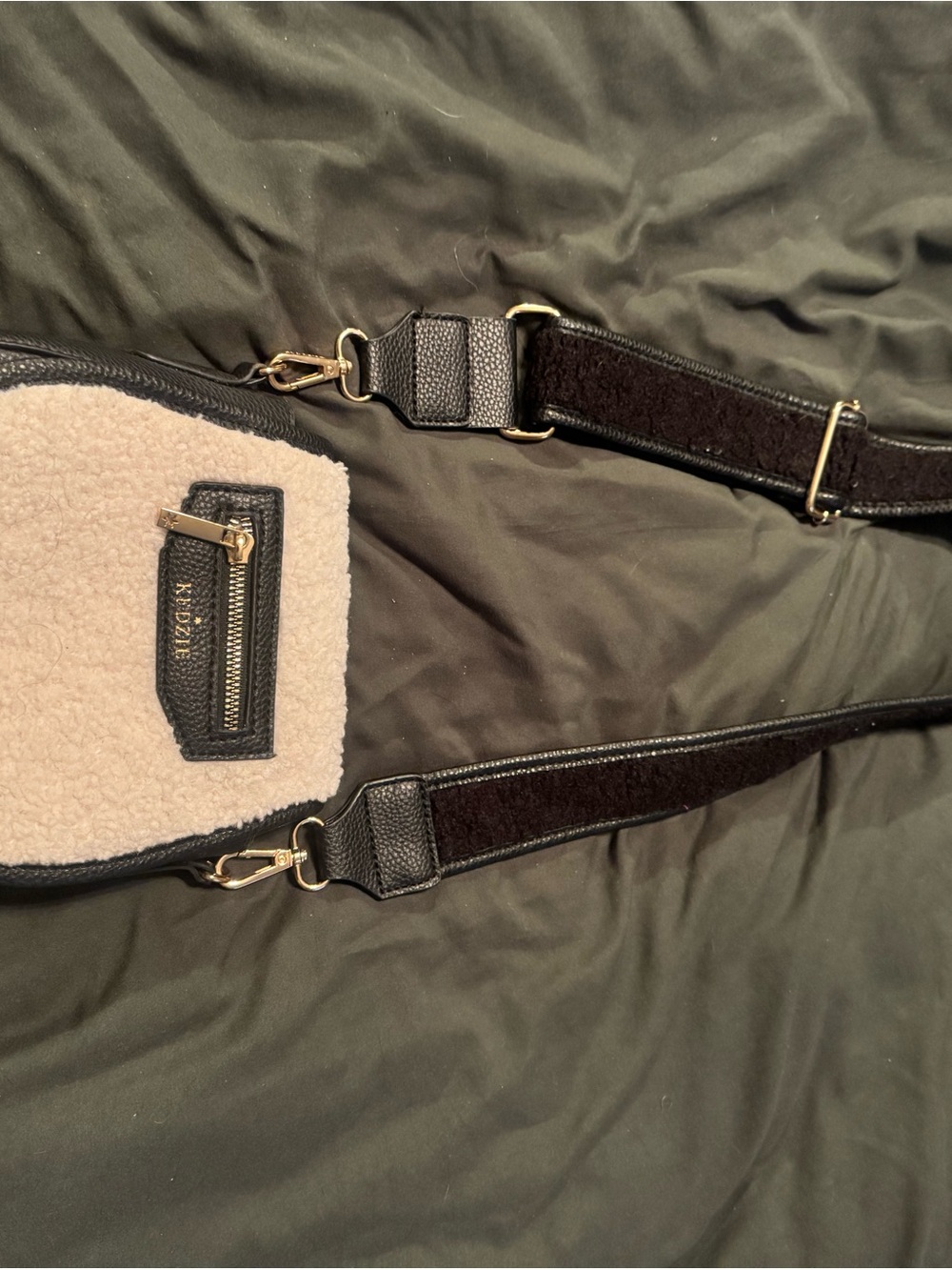 Sherpa Front Belt Bag with Black Trim and Gold Hardware